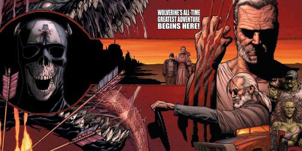 Old Man Logan pops his claws, in a collage of characters and events from the Old Man Logan miniseries, on the cover of Wolverine #66, Marvel Comics (2008). 