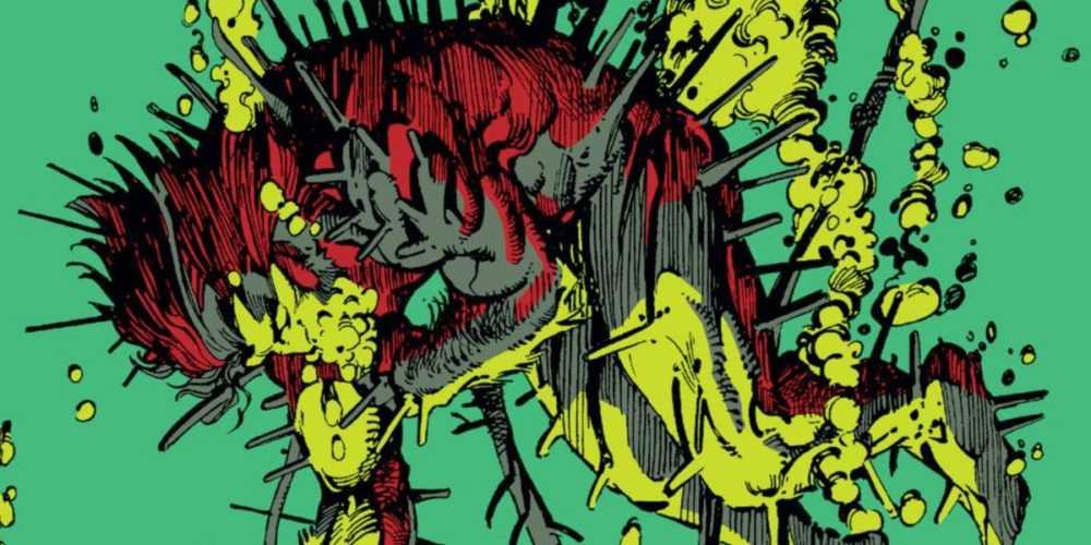 Stuck full with tubes and wires, Wolverine lies suspended in sickly green science goop on the cover of Marvel Comics Presents #73, Marvel Comics (1991). 