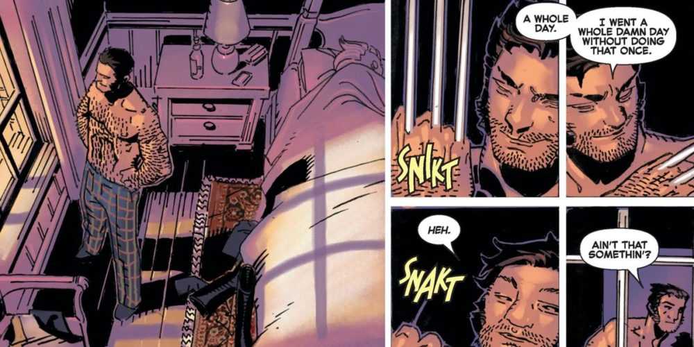 Wolverine realizes happily that he went a whole day without popping his claws once, in Wolverine & The X-Men #42, Marvel Comics (2014). 