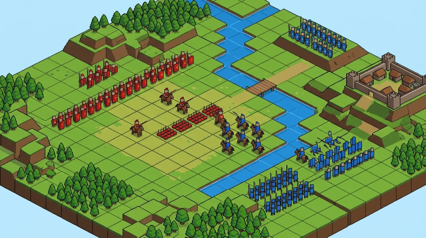 Conceptual 8-bit isometric strategy battlefield