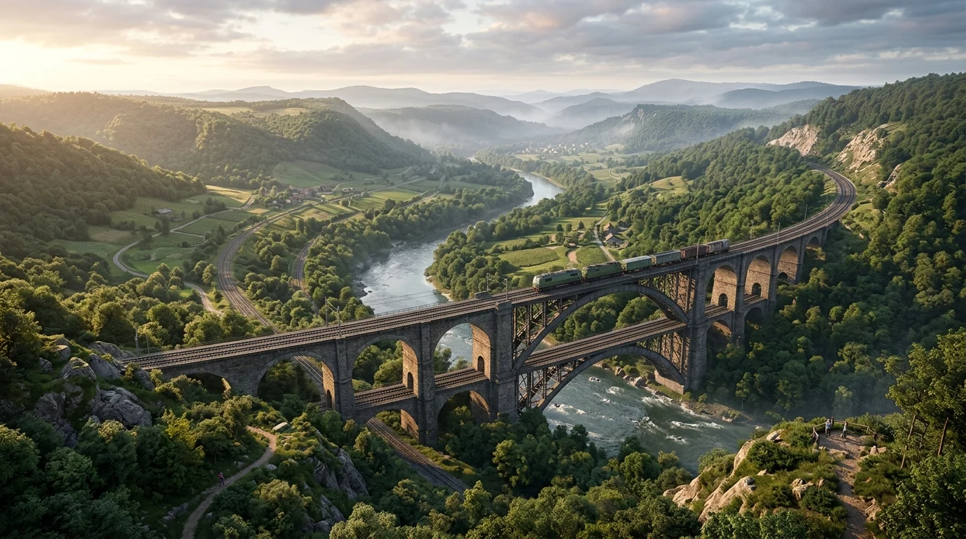 A high-fidelity landscape showing a railway bridge crossing a river valley in a simulation game.