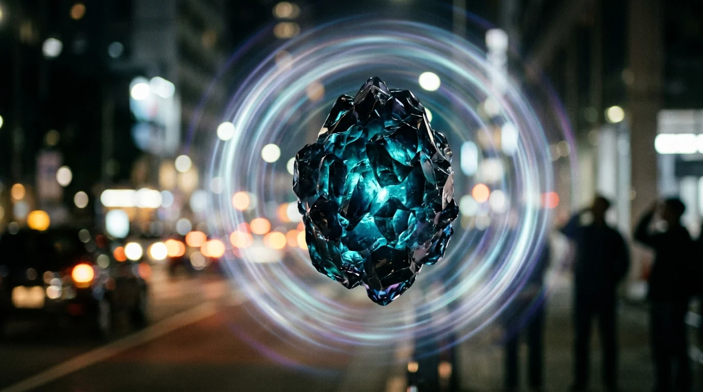 A close-up of a glowing, shifting crystalline object representing a shapeshifting tool.