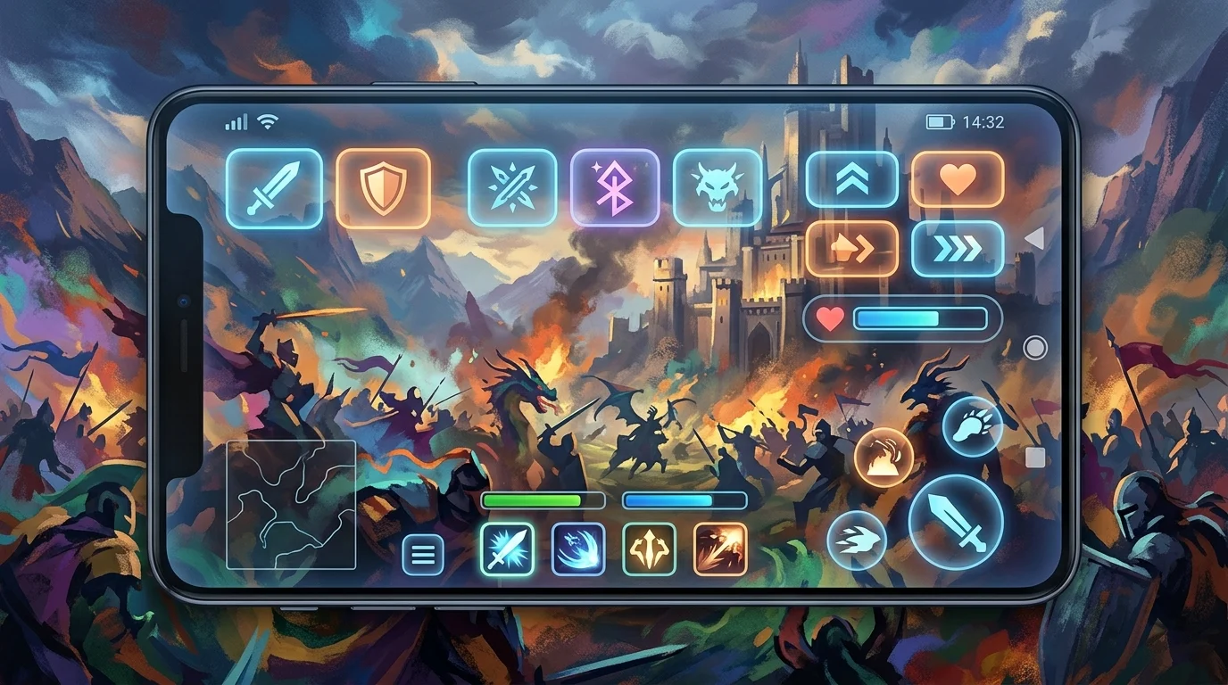 Abstract mobile screen with translucent touch controls over a fantasy battle scene.