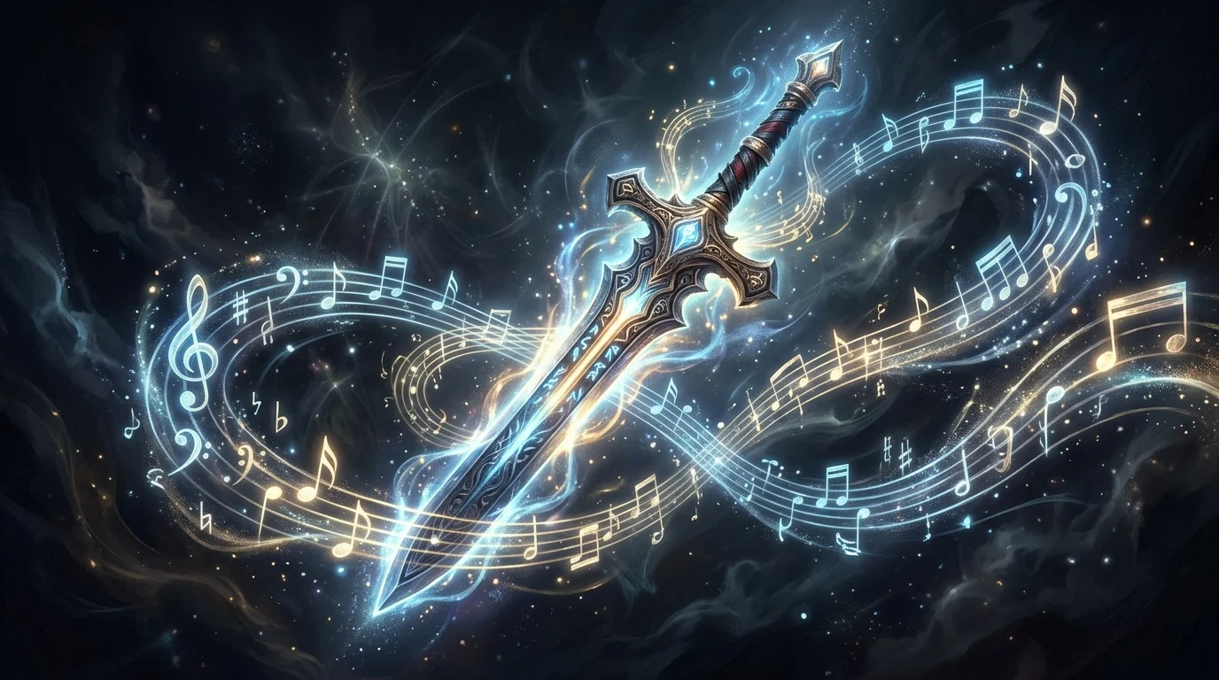 Stylized fantasy weapon surrounded by glowing musical notes.