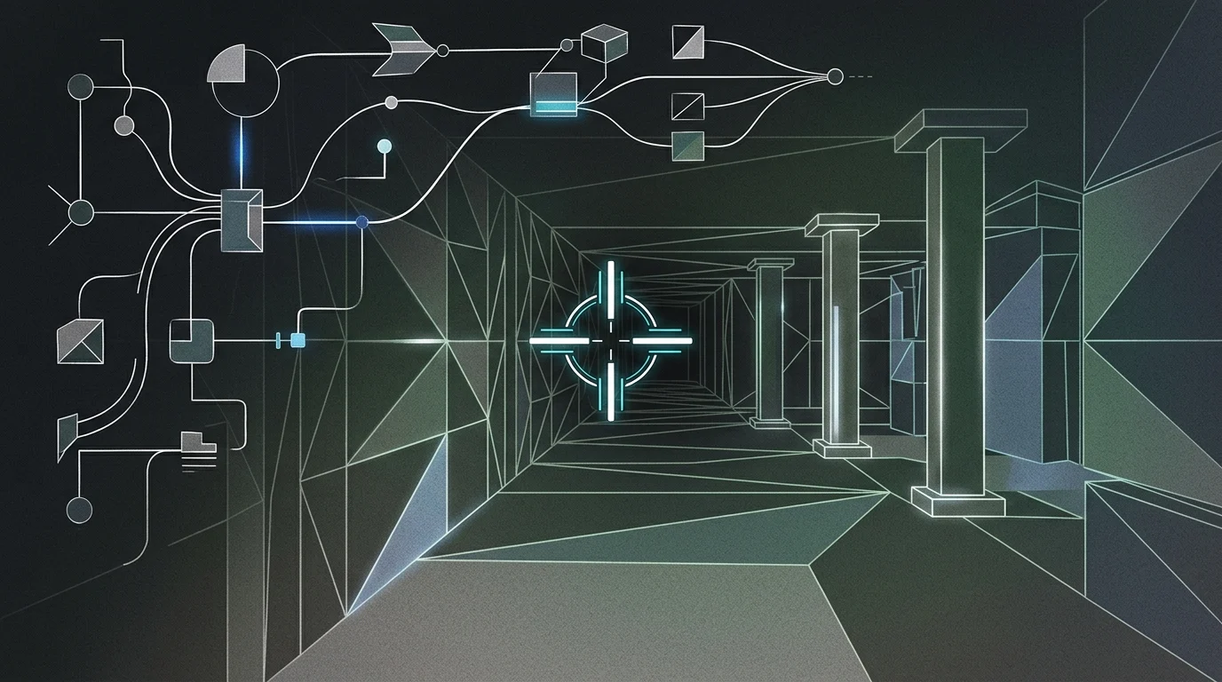 Abstract visualization of software code architecture and retro FPS wireframes.