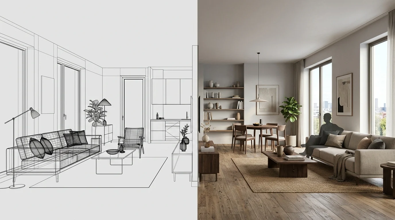 A split view of a room transitioning from a basic wireframe sketch to a detailed AI-generated interior design.