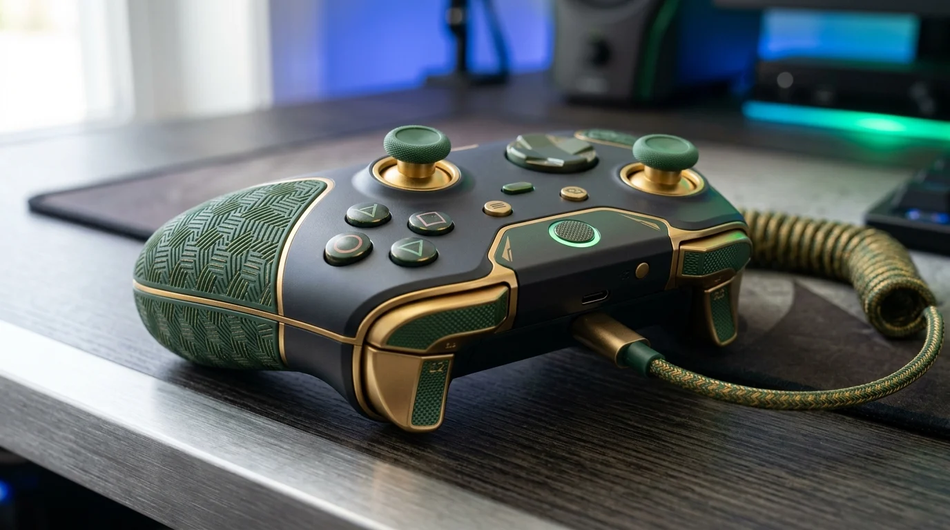 A conceptual design of a modern gaming controller with anniversary-themed colors.