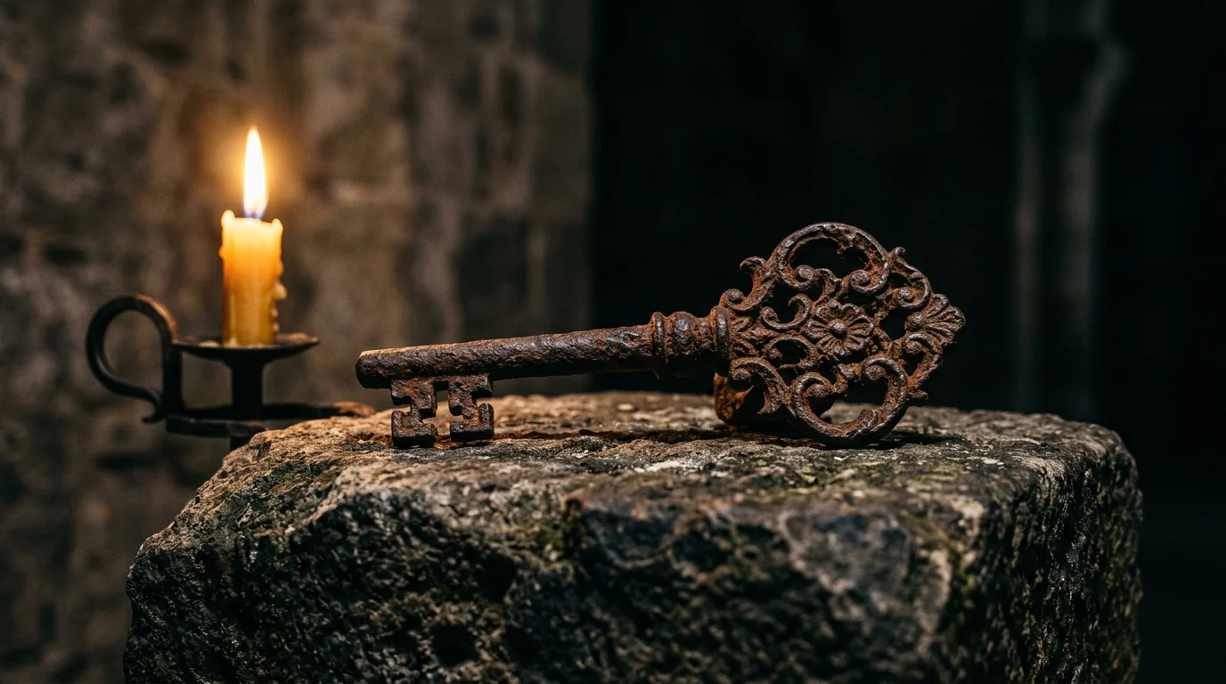 A detailed close-up of a rustic key on stone.