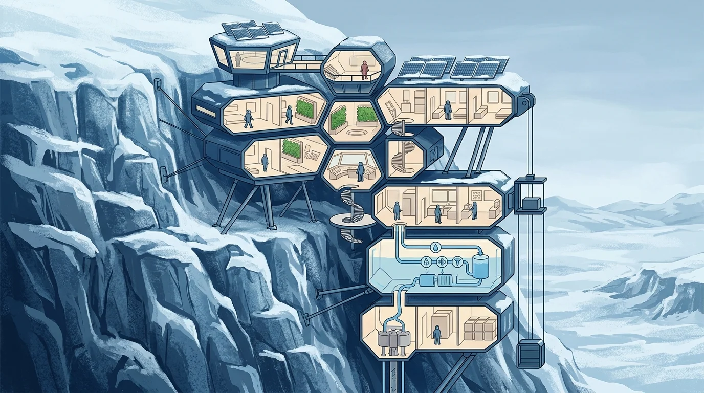 A conceptual layout of a modular player Outpost in a frozen environment.
