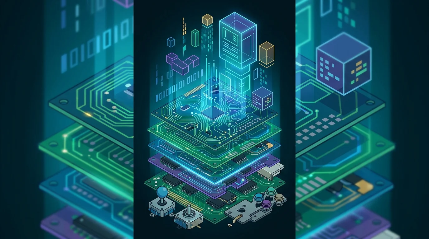 Conceptual illustration of arcade circuit boards and archival symbols.