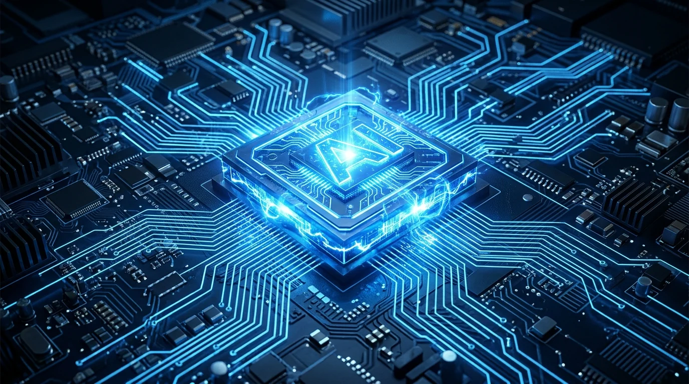 A stylized digital visualization of a high-performance AI processing chip.