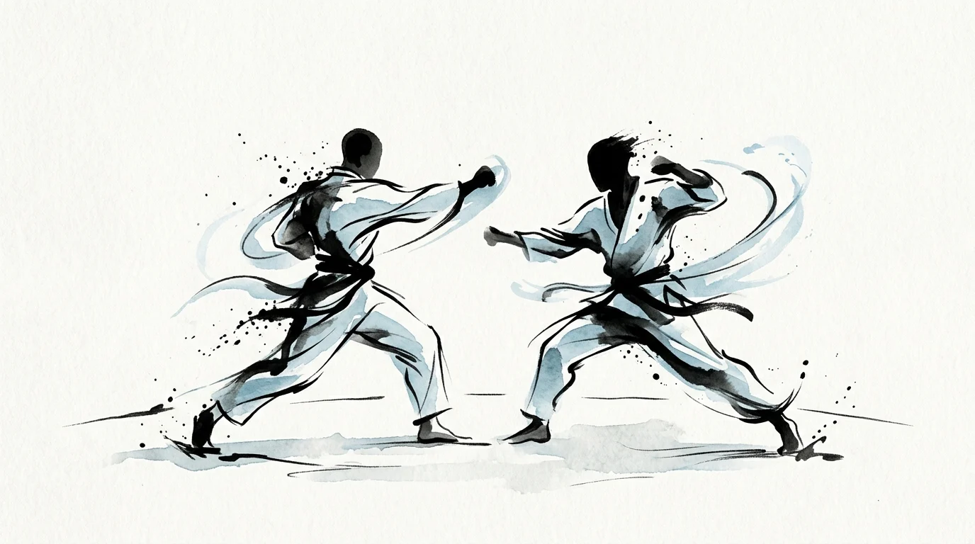 Abstract ink-wash style visualization of fluid martial arts movements.
