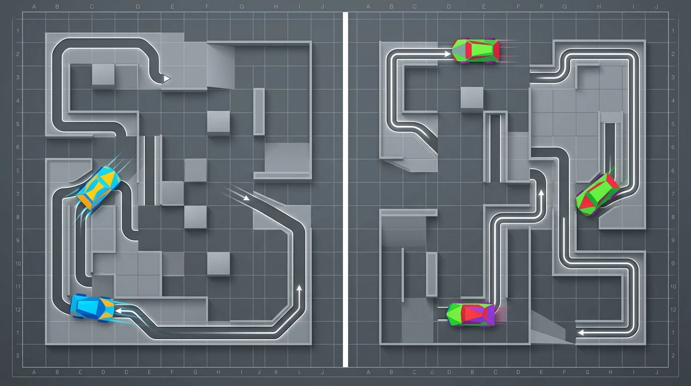 Abstract representation of split-screen driving simulation.