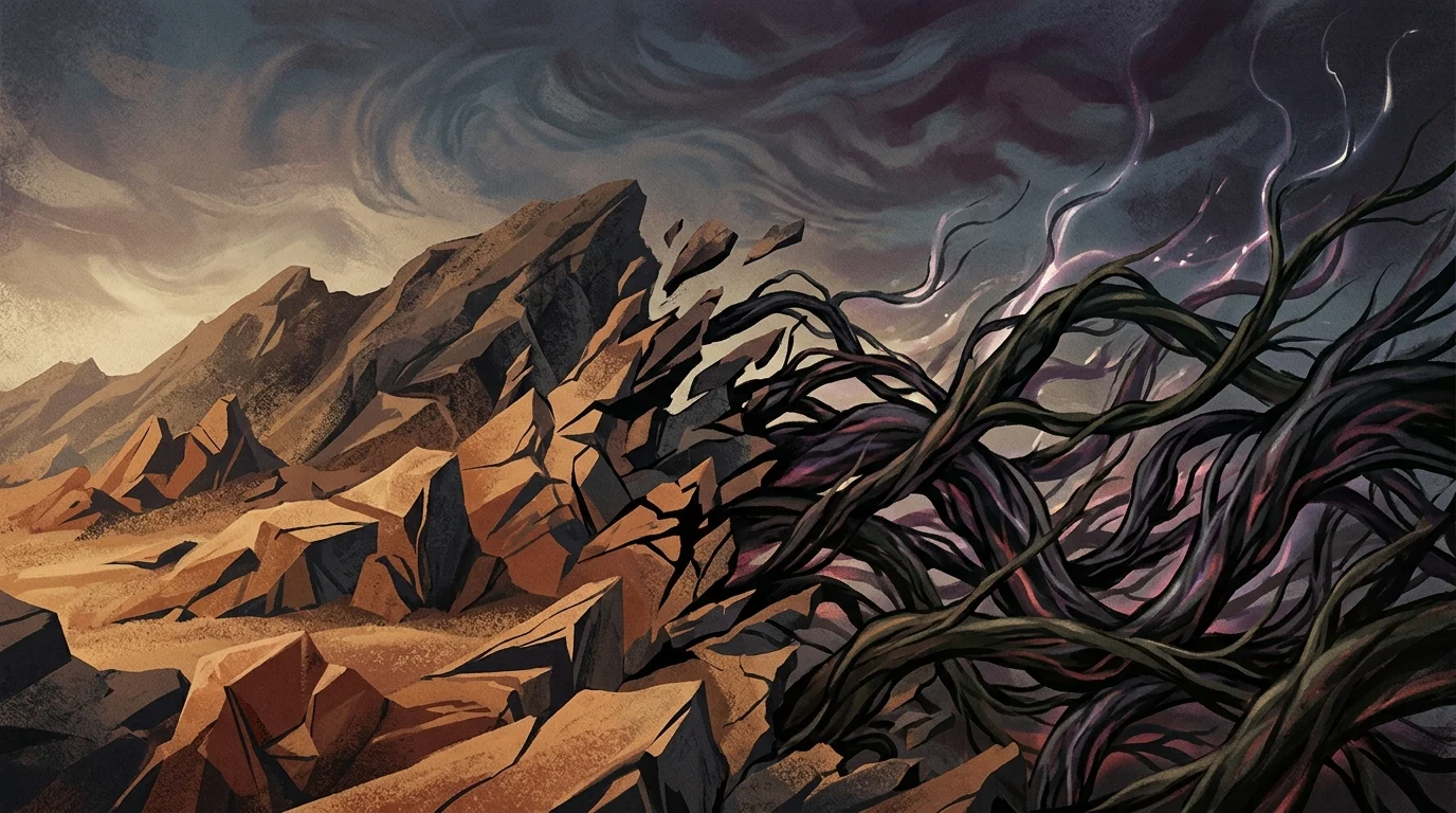Abstract representation of shifting terrain and dynamic difficulty mechanics.
