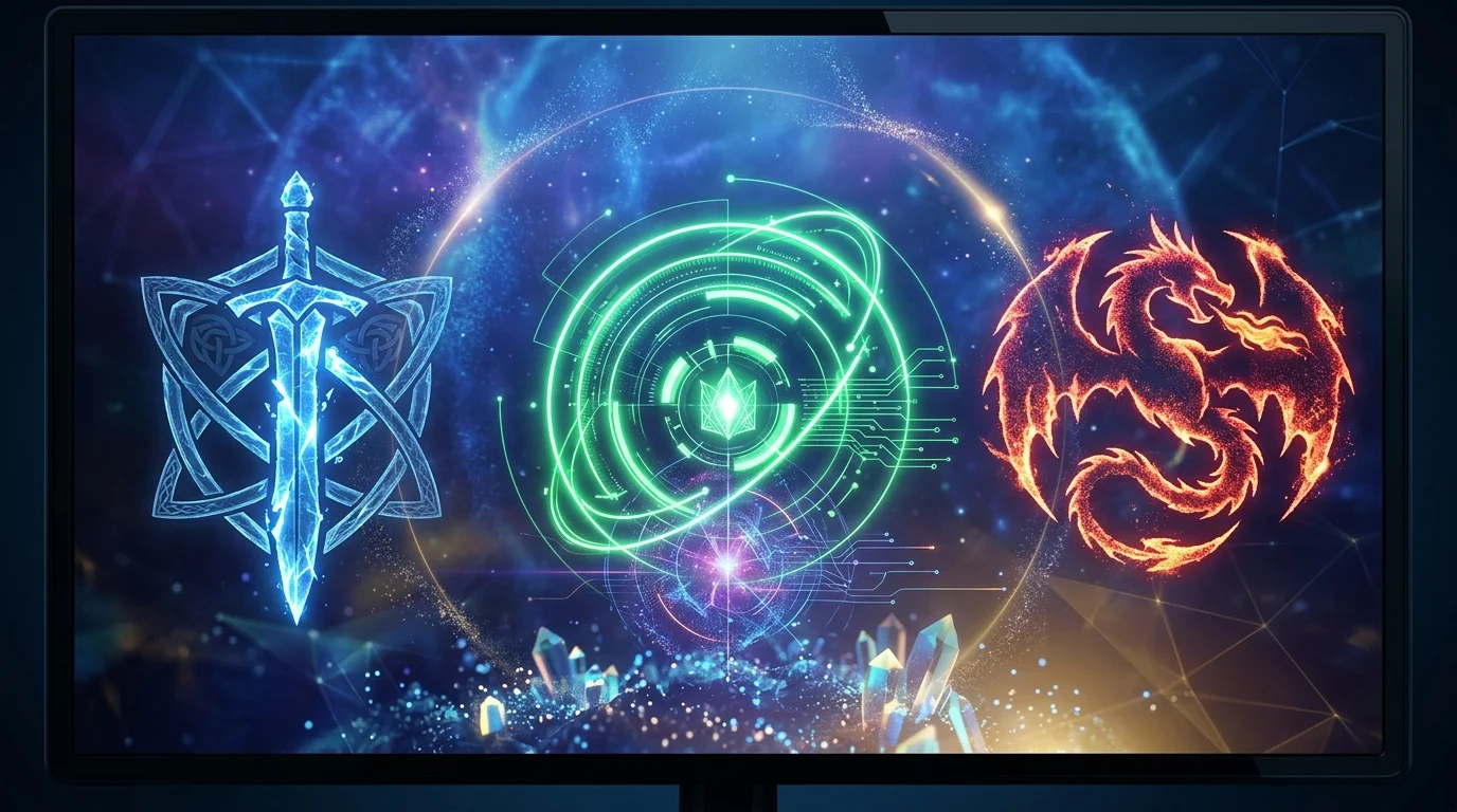 Abstract icons representing different Blizzard franchises on a cinematic display.