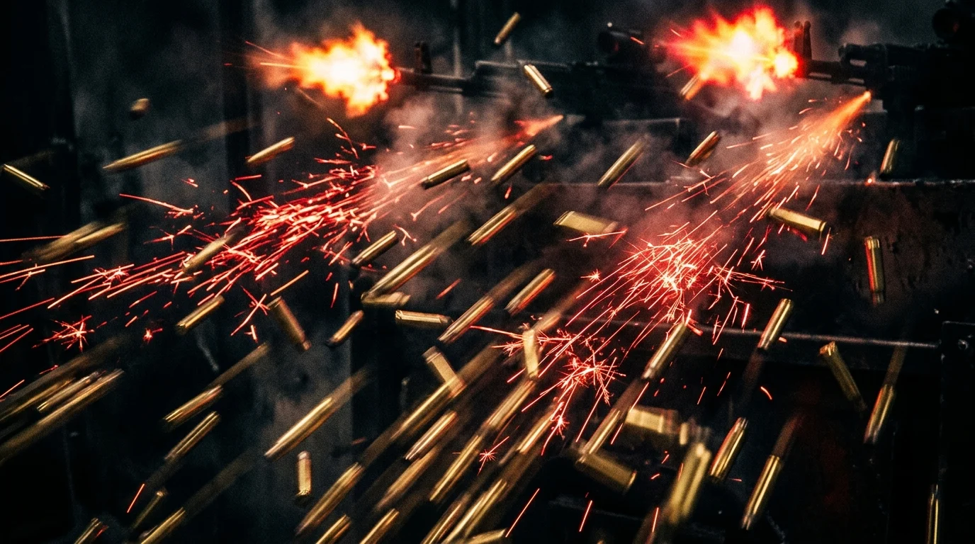 Abstract red sparks and metallic shell casings.