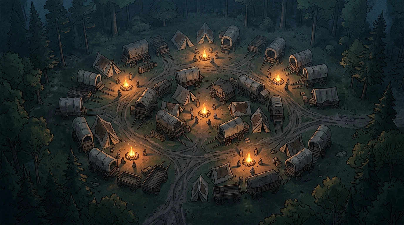 A mobile caravan camp in a dark wilderness.