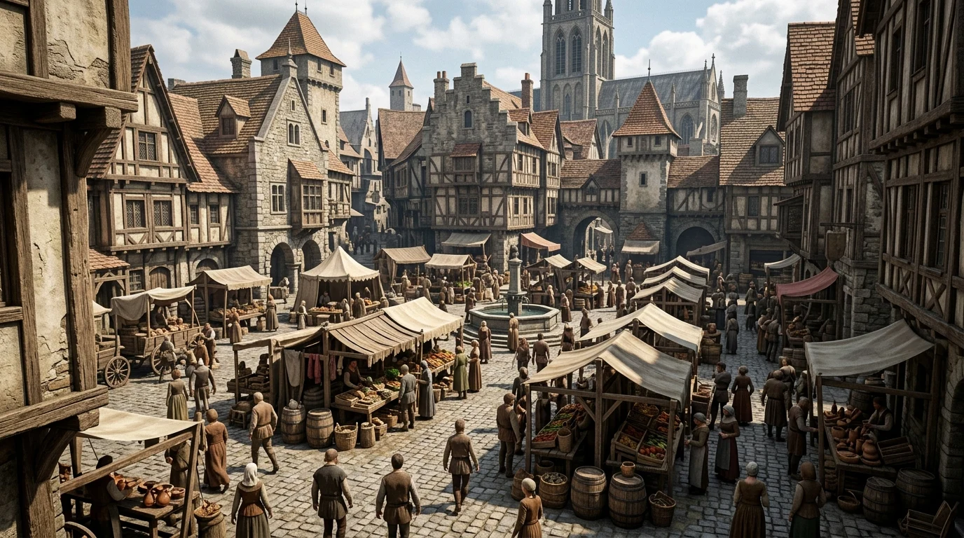 A conceptual 3D rendering of a medieval town market square.