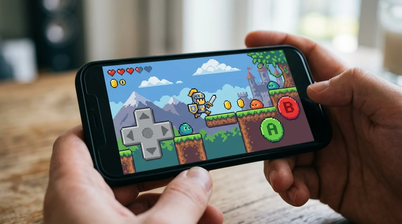 Conceptual representation of a mobile game interface with virtual controls on a smartphone screen.