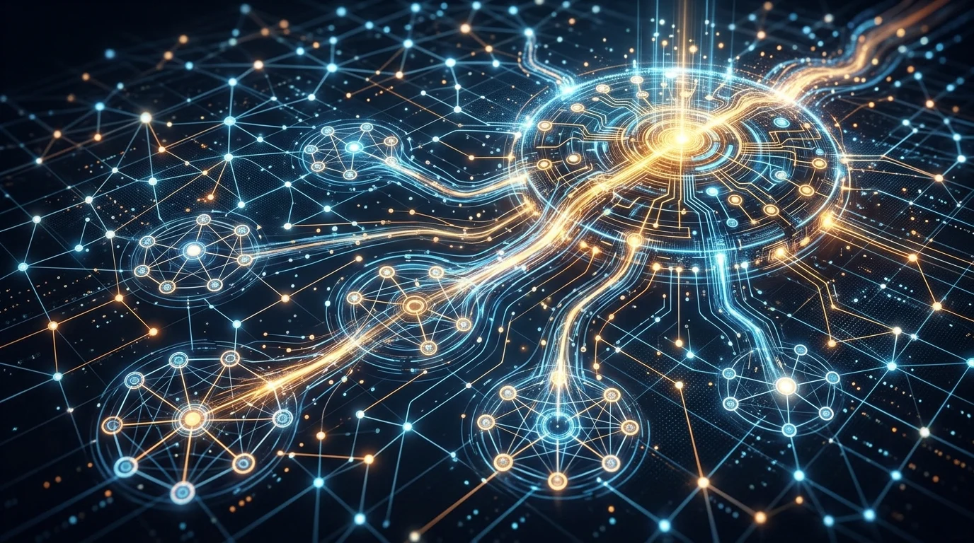 Abstract digital visualization of network nodes merging into a central hub.