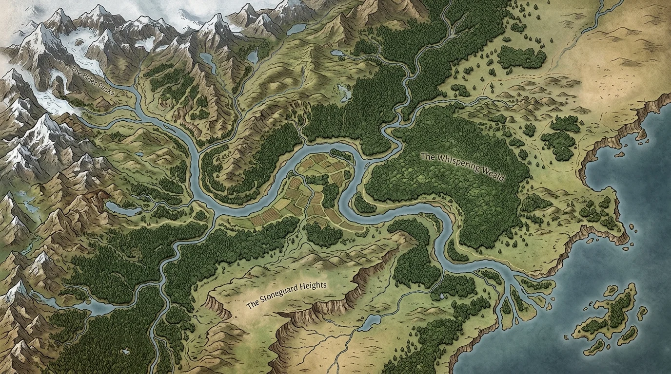 Conceptual overhead terrain map of a new fantasy game region