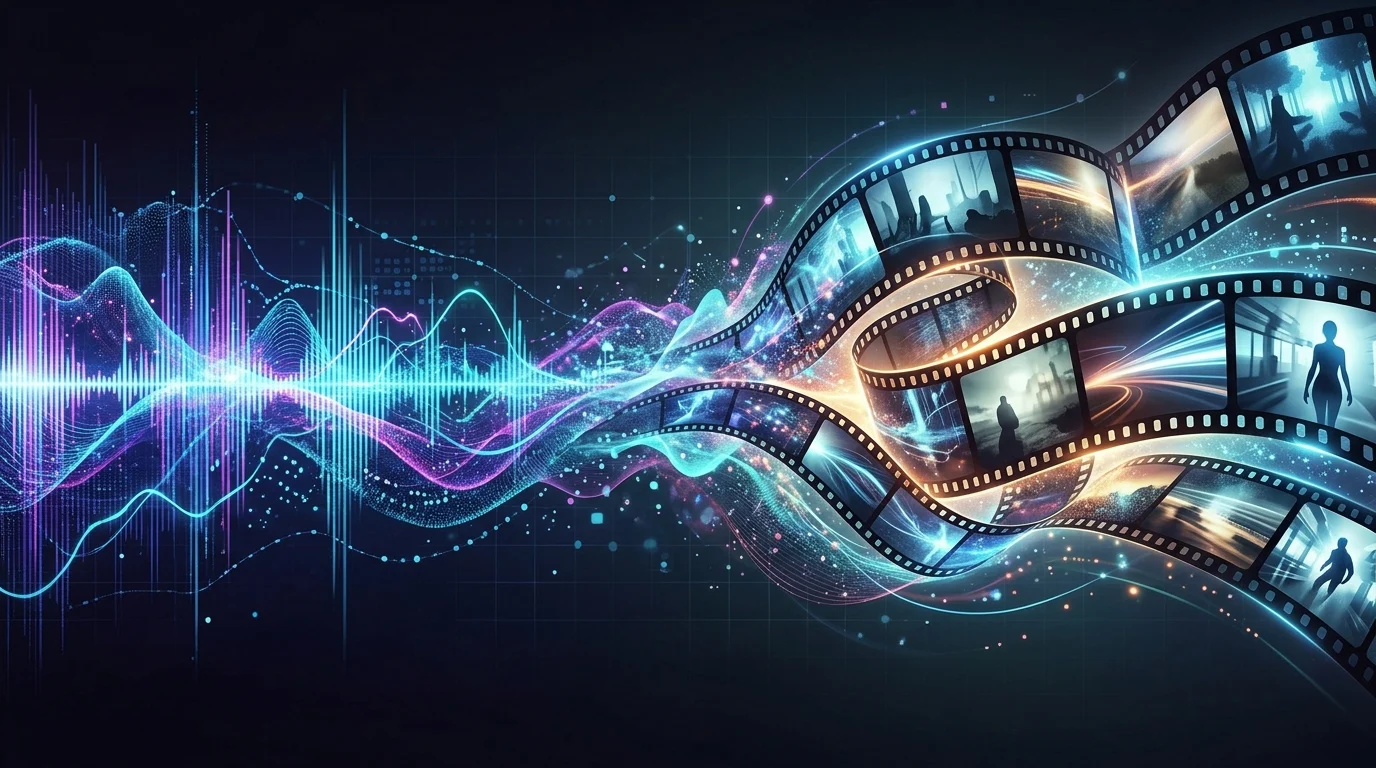 Conceptual art showing sound waves and film strips merging.