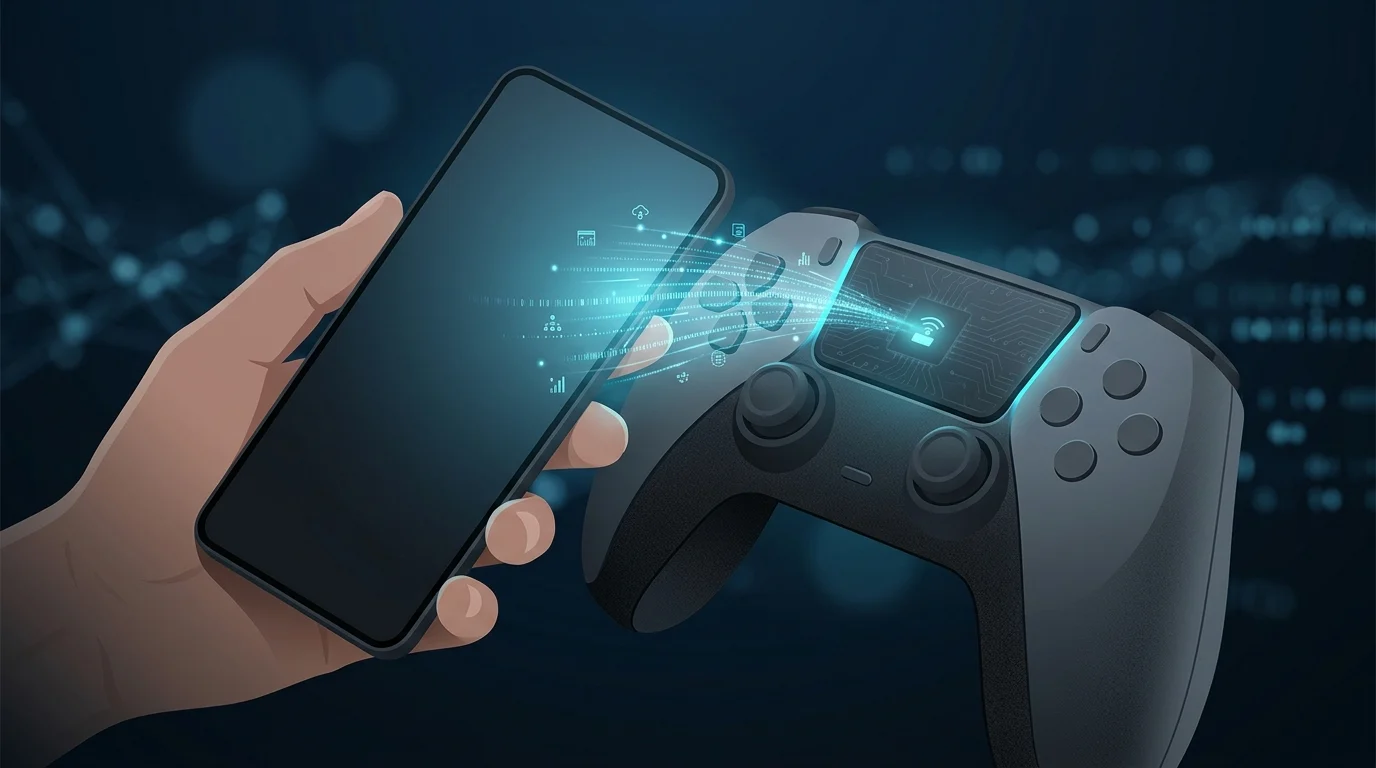 A conceptual graphic showing data transfer between a smartphone and a game controller.