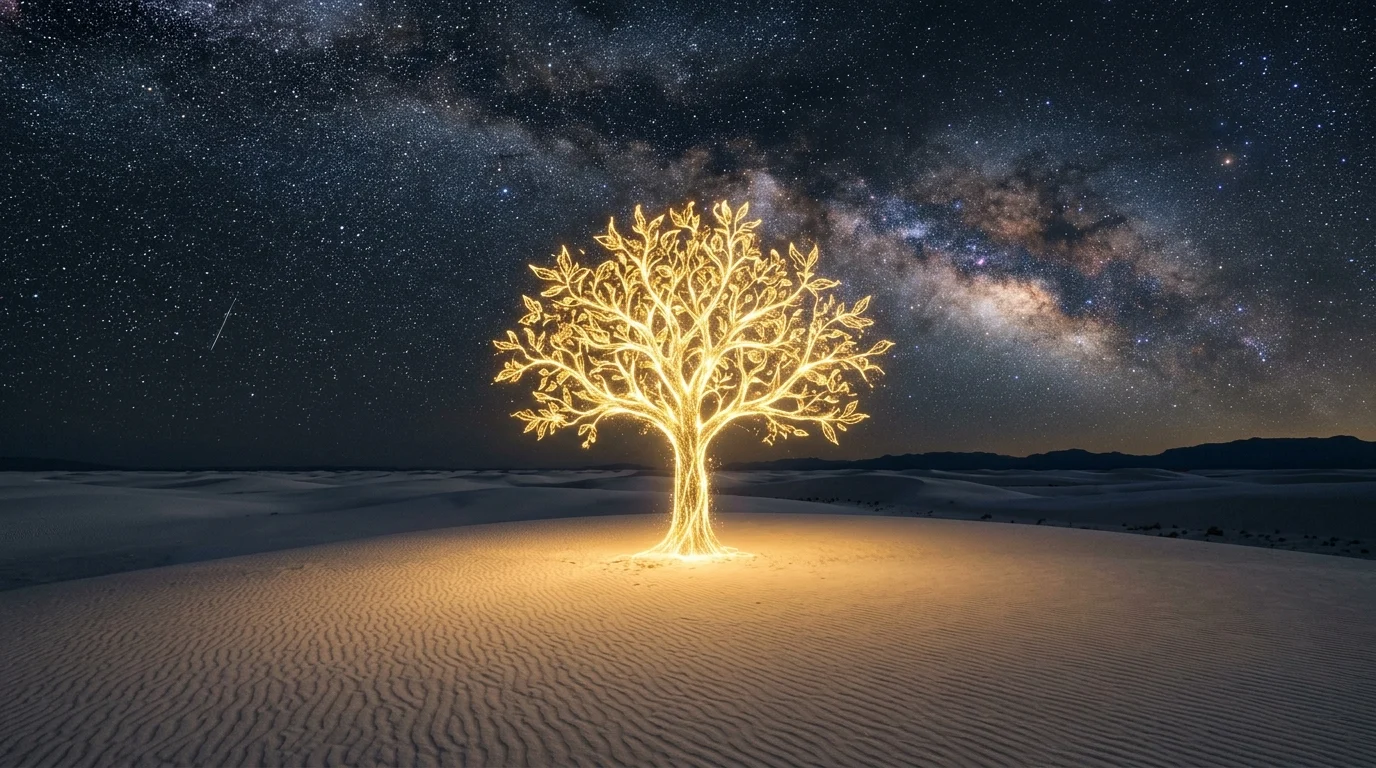 A glowing tree of light in a desolate white sand desert under anonymous silhouettes.