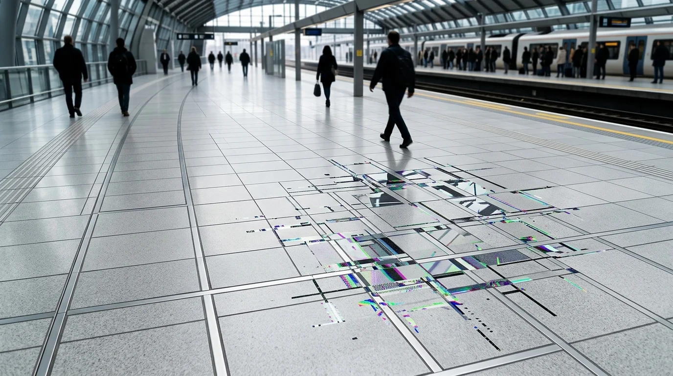 A close-up of a tiled floor with a subtle visual distortion representing a digital anomaly.
