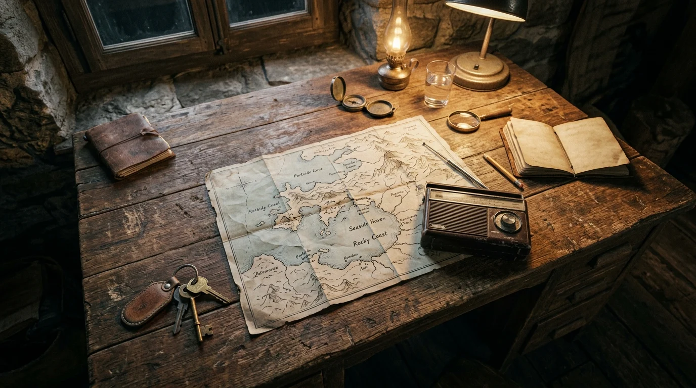 Conceptual scene of a criminal hideout desk with maps and tools.
