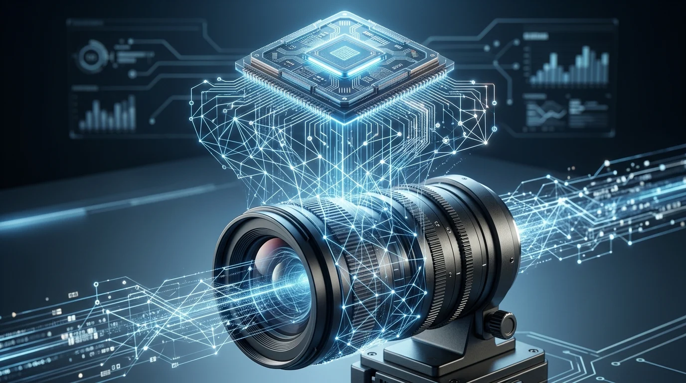 A 3D rendering showing the connection between a secure chip and a camera lens.