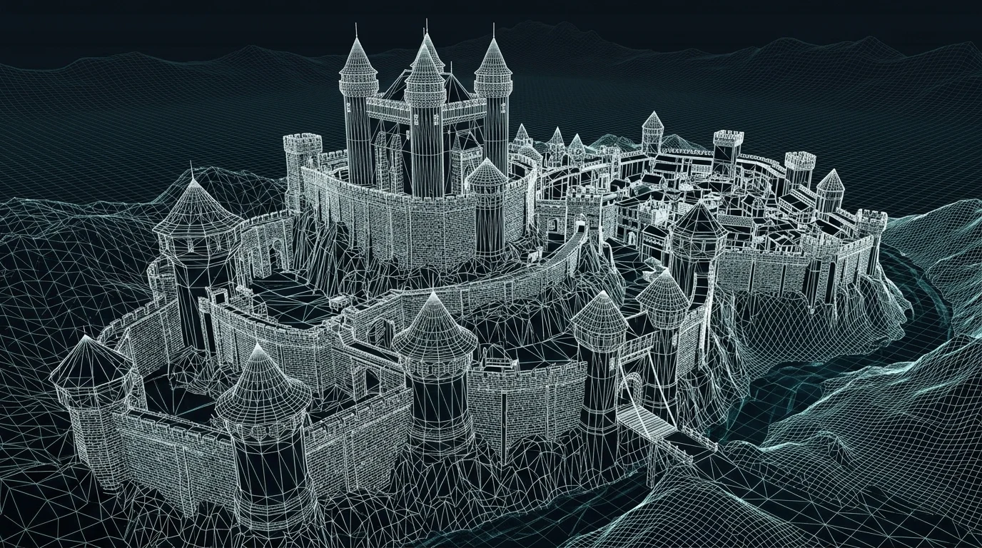 Wireframe visualization of dense game geometry.