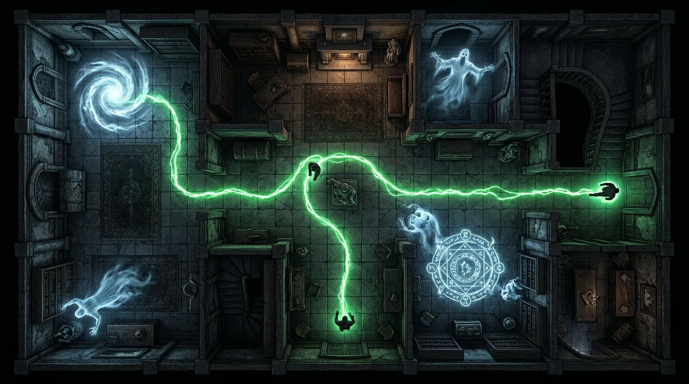A tactical overhead view of a haunted room layout showing visitor paths and trap placement.