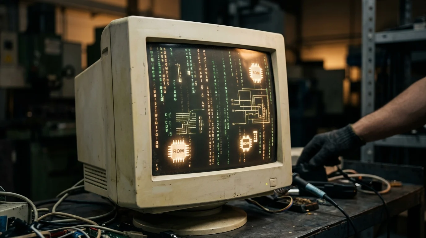 Conceptual representation of 1990s technology and digital data.