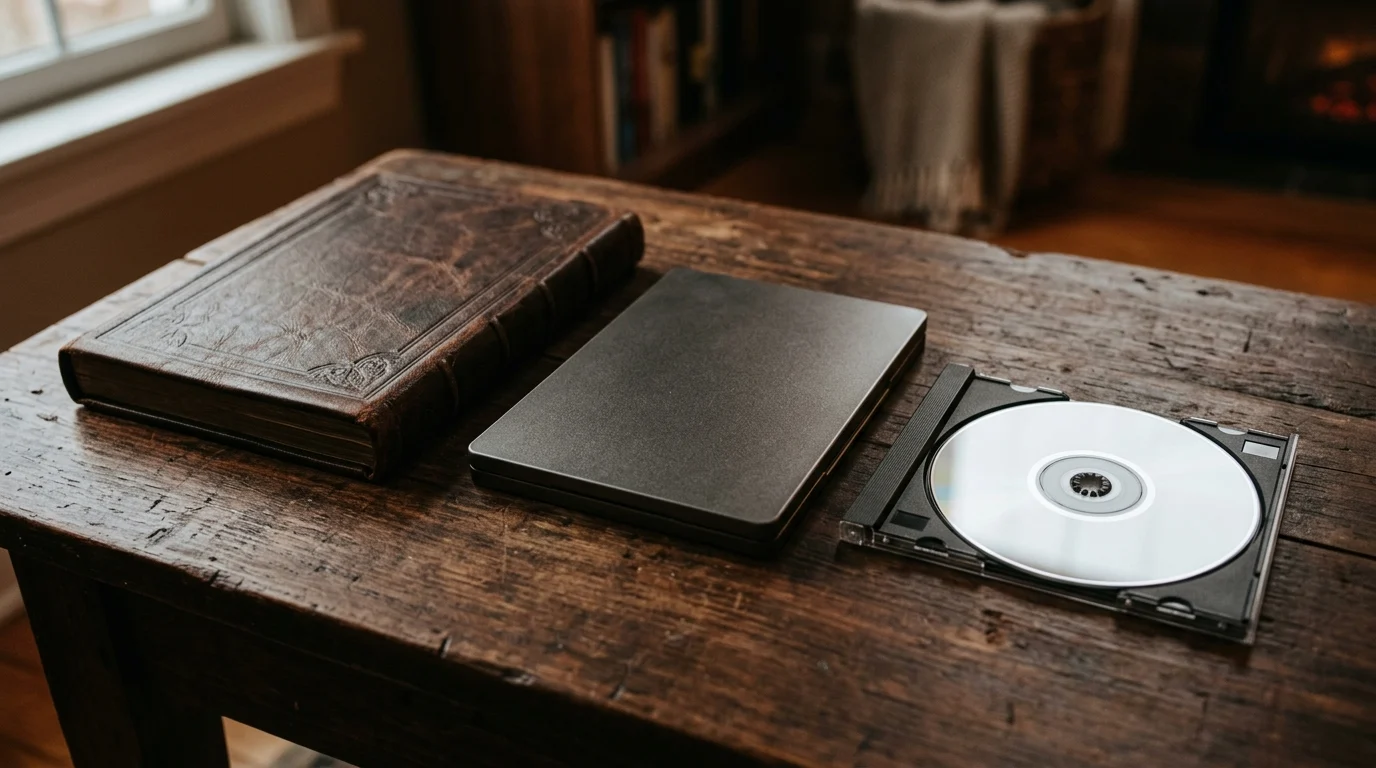 Conceptual mockup of physical deluxe edition contents including a book and soundtrack.