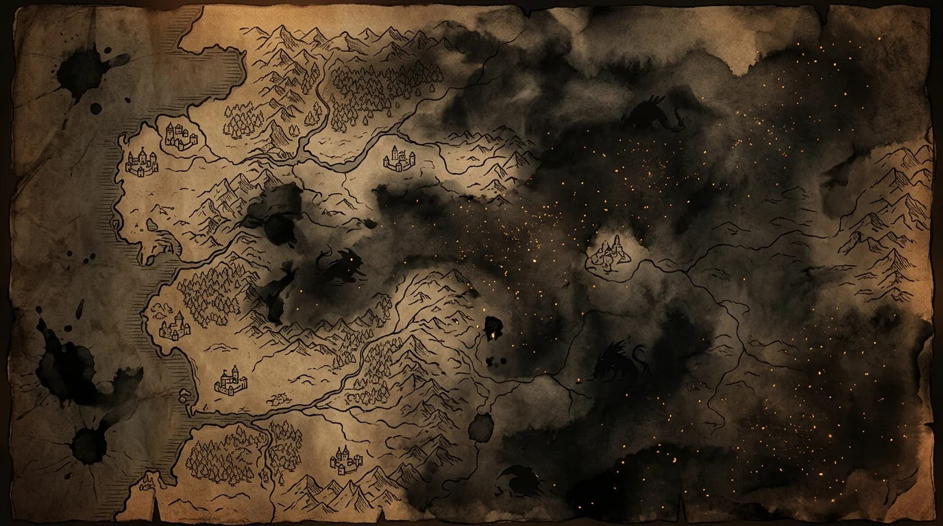A stylized fantasy map with glowing embers and dark ink-stained regions.