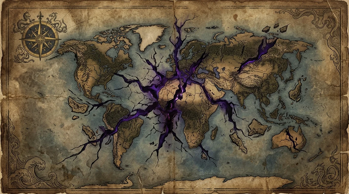 Stylized map showing a fractured dark world.