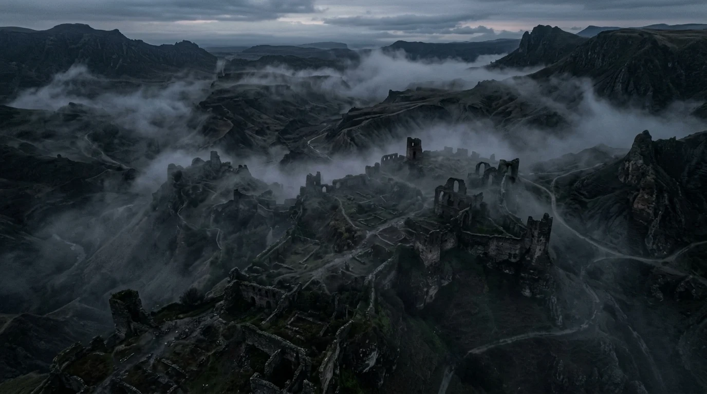 Conceptual visualization of a shifting, procedurally generated dark fantasy landscape.