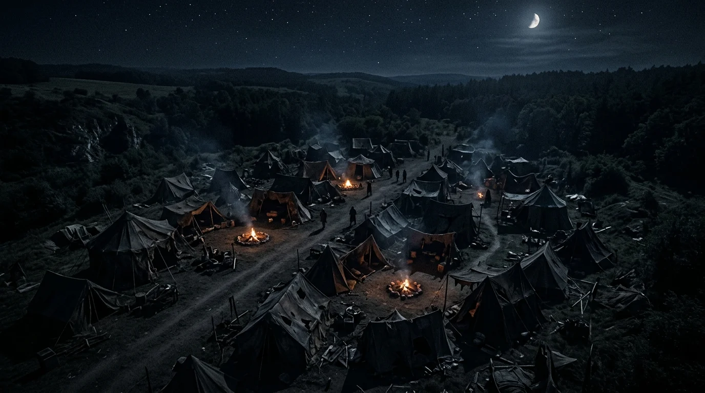 A ruined medieval camp surrounded by shadows.