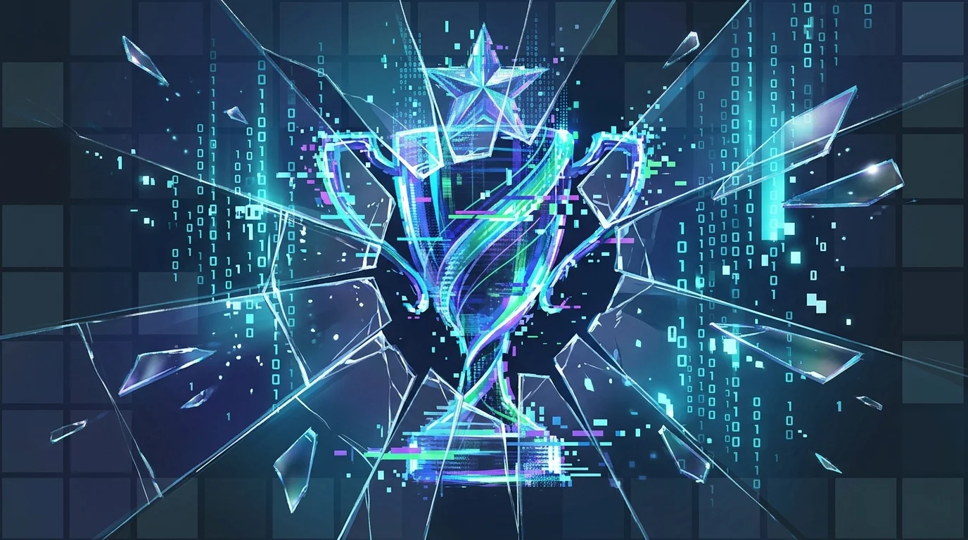 A glitched digital trophy icon representing leaked game achievements.