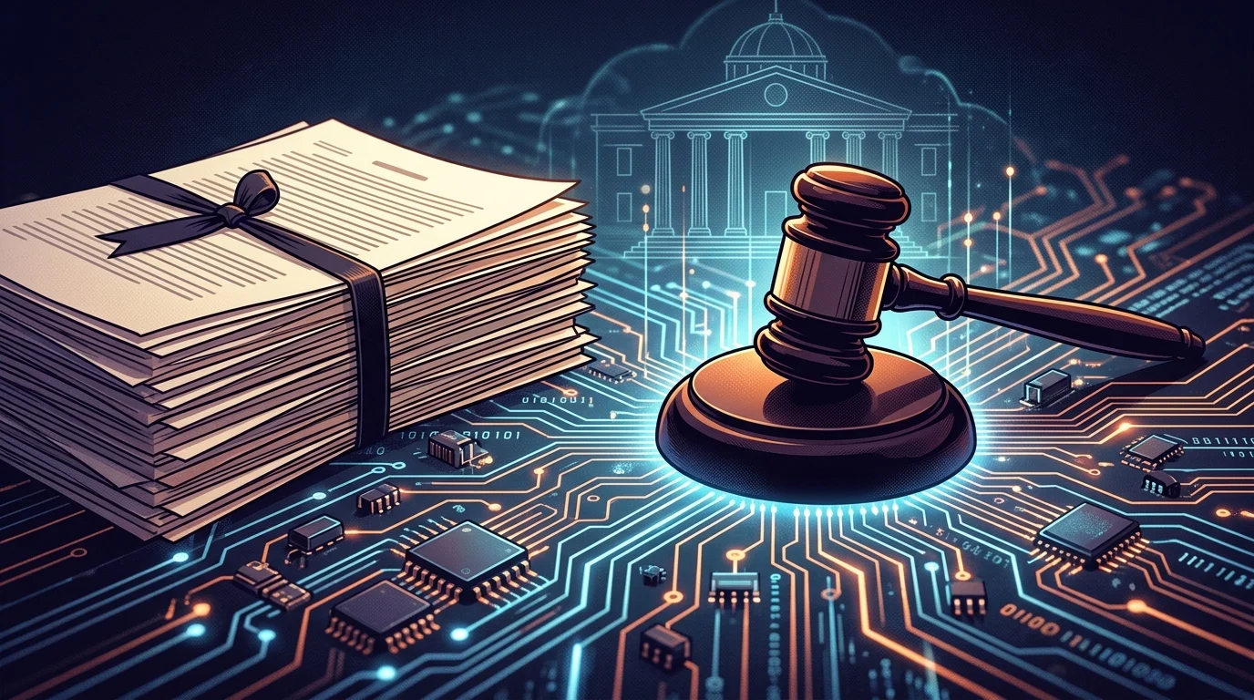 A gavel on a circuit board representing legal action in the technology sector.
