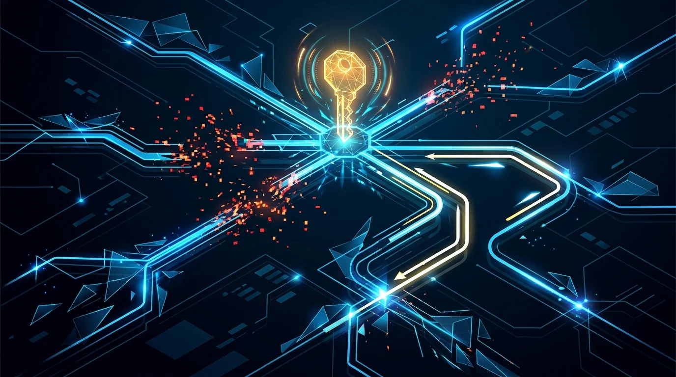 Abstract visualization of severed digital communication channels and administrative keys.