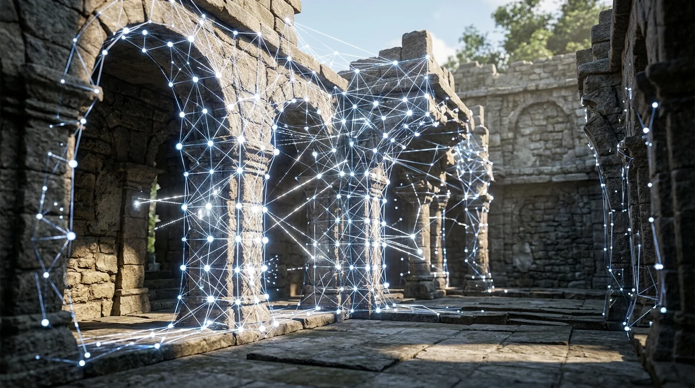 Abstract representation of neural rendering technology in a fantasy environment.