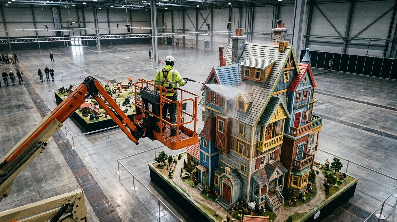 Conceptual view of cleaning a large-scale toy house using specialized equipment.