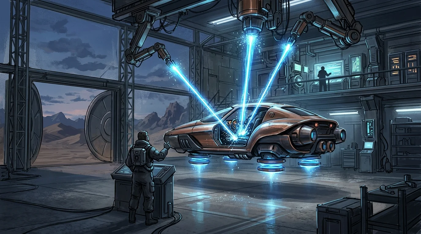 A futuristic vehicle undergoing energy-based repairs.