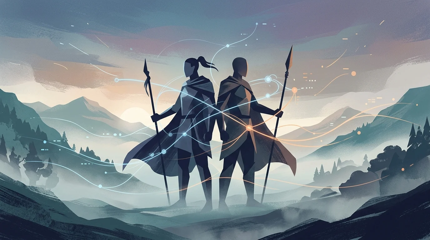 Abstract representation of two warriors standing together in mist.