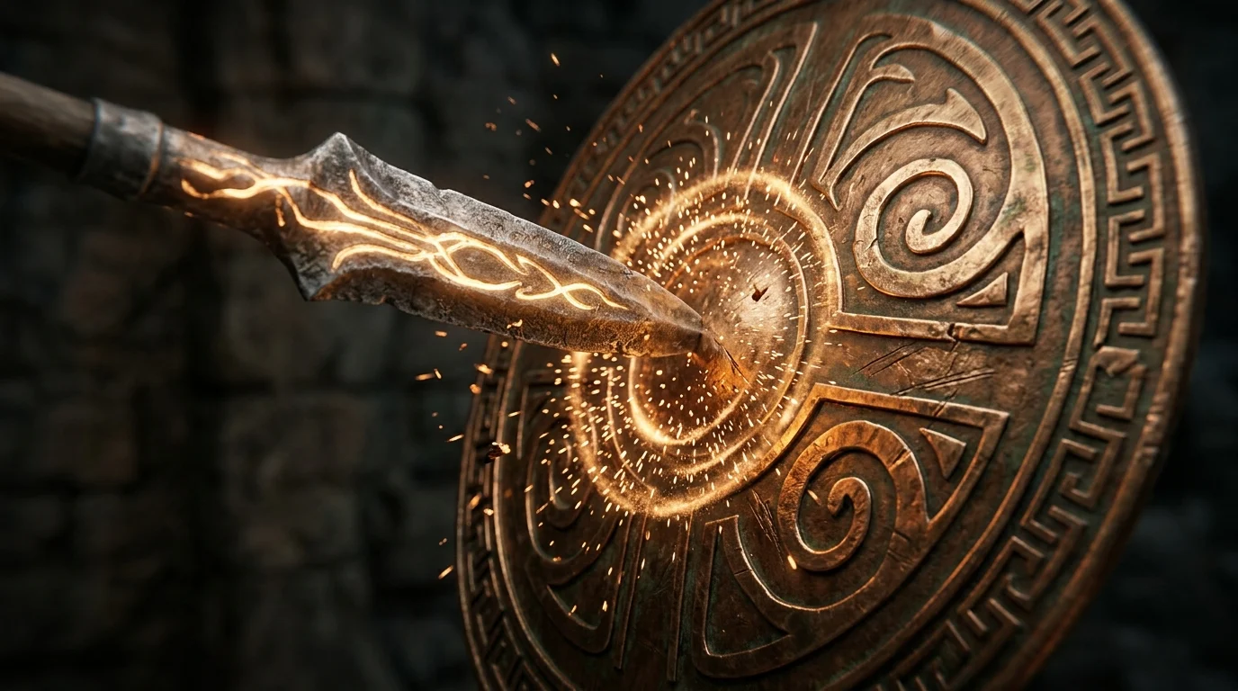 Close-up of a spear and shield clashing with glowing visual effects.