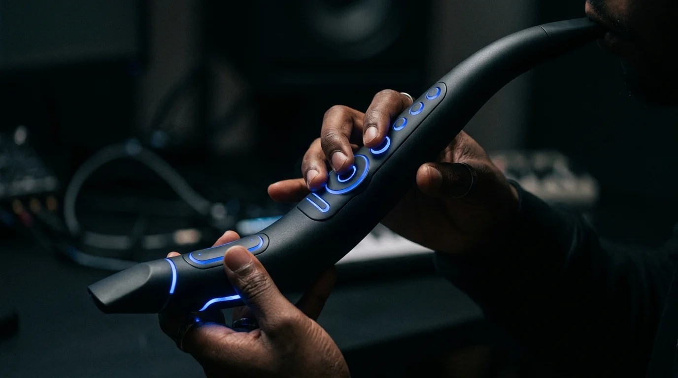 A modern electronic wind instrument accessory for a gaming console.