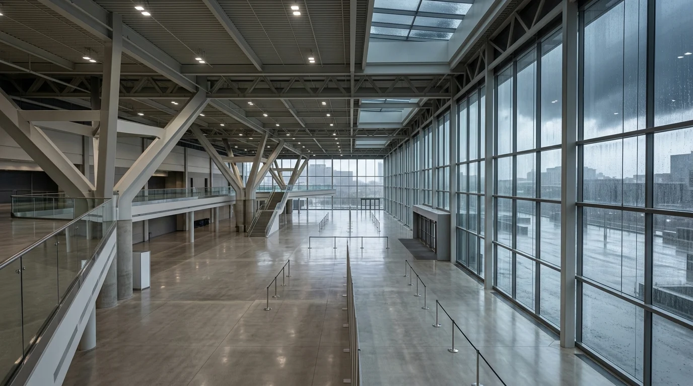 An empty modern convention hall during a rainstorm.