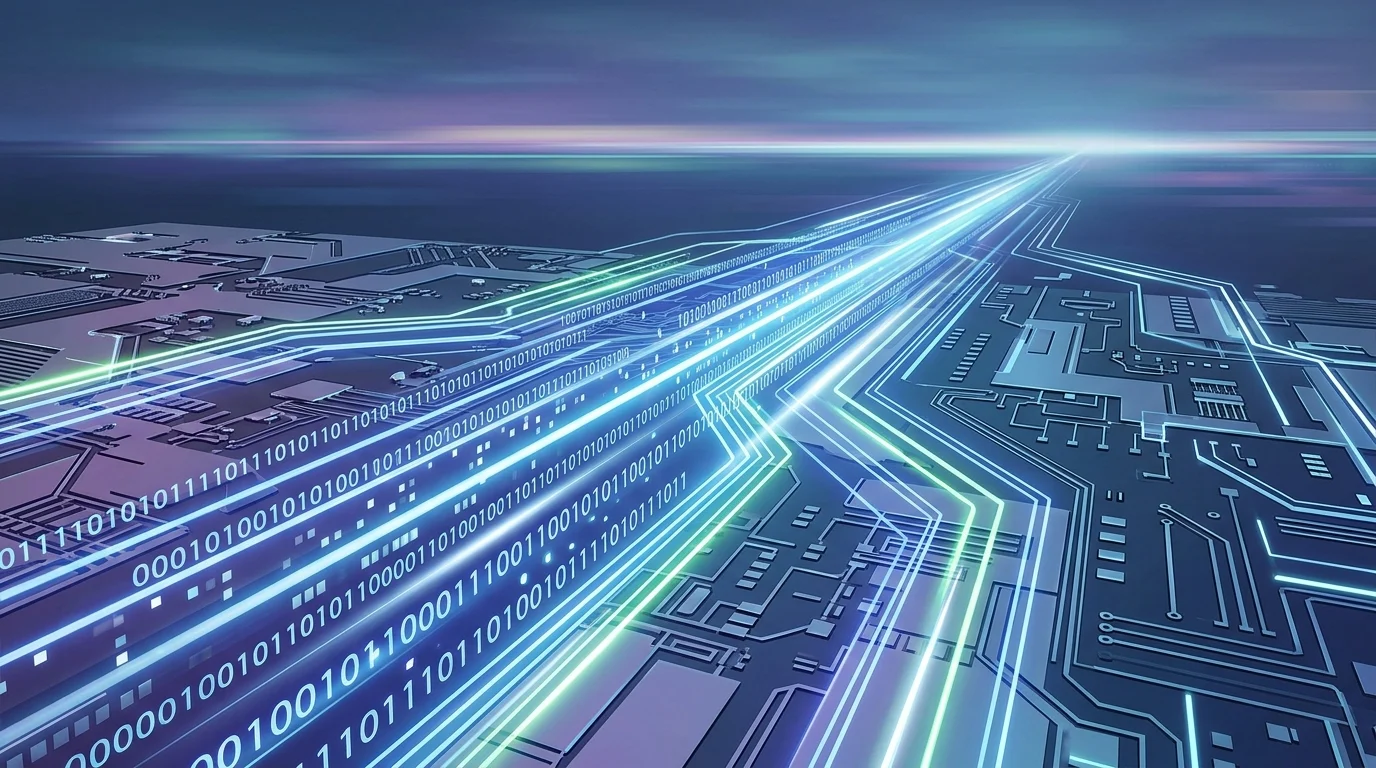 Abstract visualization of high-speed data processing.